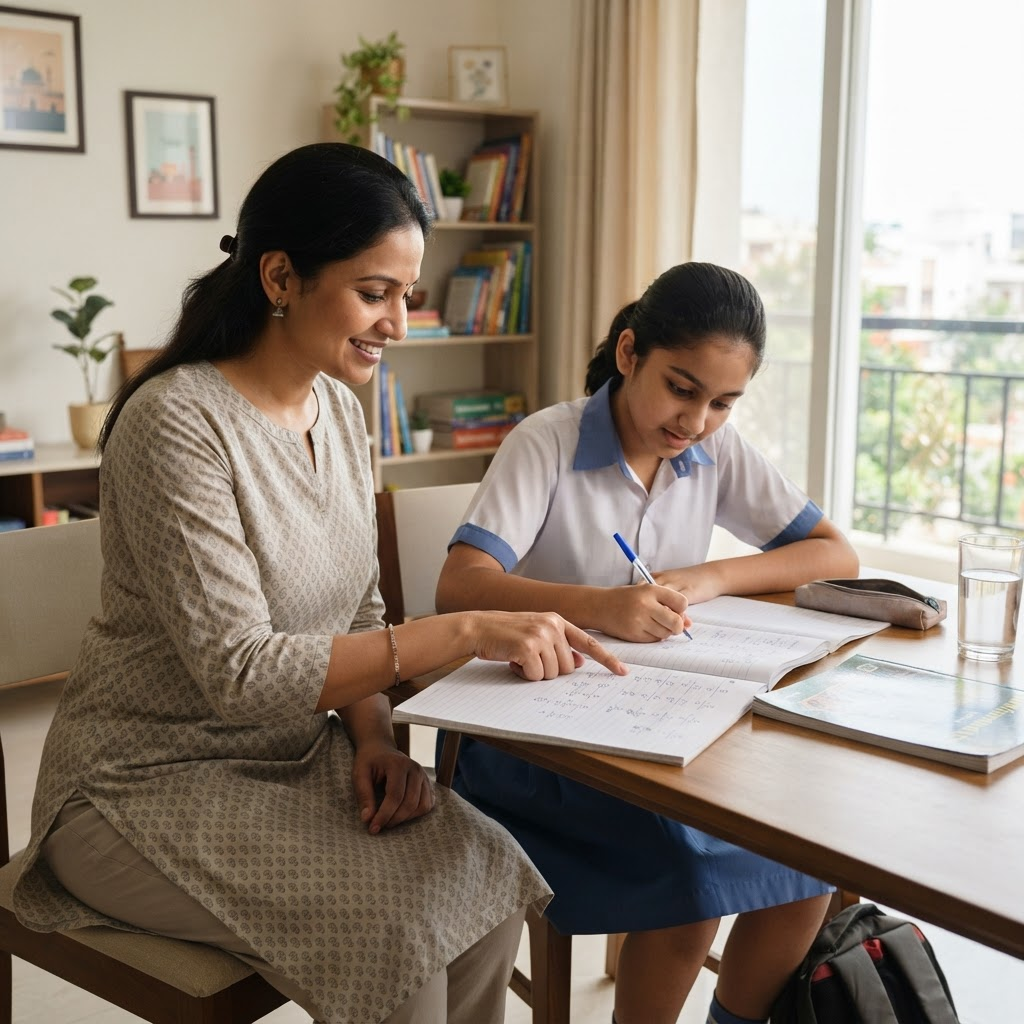 A home tutor guiding a student through a mathematics notebook at a study table