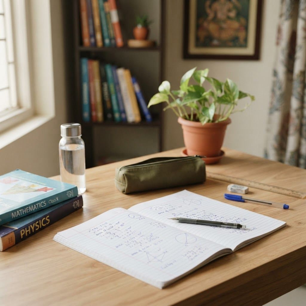 A study desk with an open notebook, textbooks and stationery ready for a tuition session